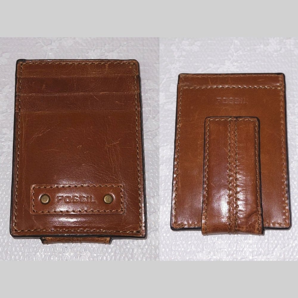 FOSSIL Brown Leather Money Clip Card Wallet - Picture 2 of 9